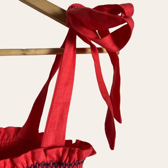 Cara Cara NYC Jenny Hibiscus Linen Smocked Tie Shoulder Midi Dress Size S - Picture 8 of 16